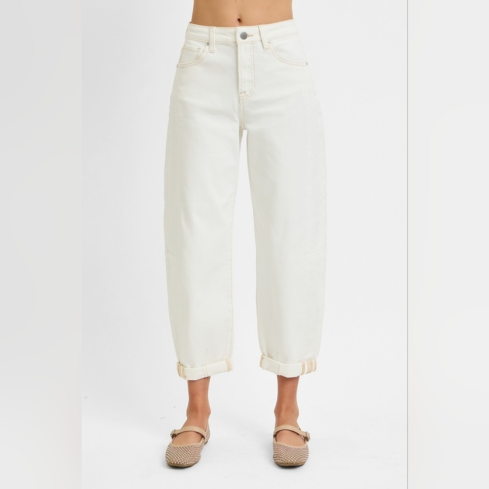 Risen High Rise Barrel Jeans Stretch Cuffed Relaxed Neutral Cream Various NEW - Picture 3 of 12